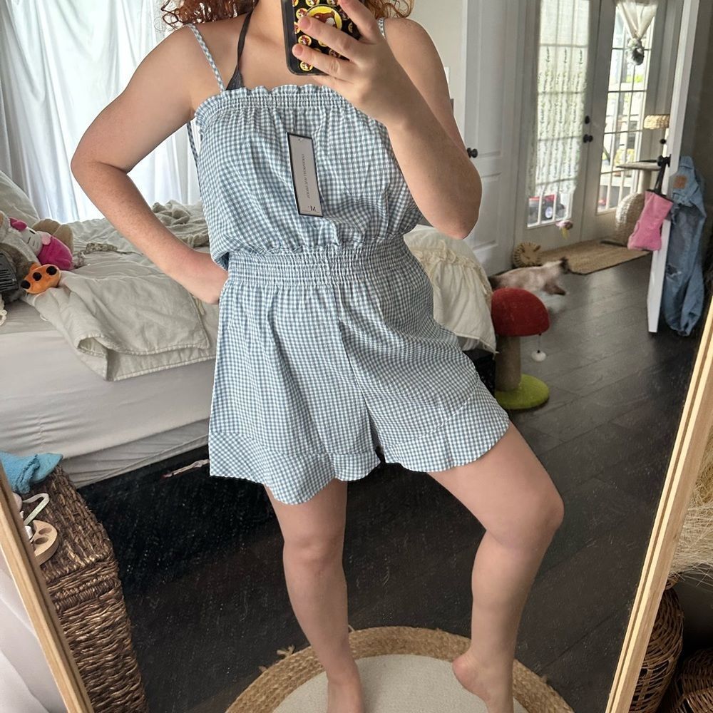 Goodnight Macaroon Gingham Tie Strap Ruffled Romper Blue White